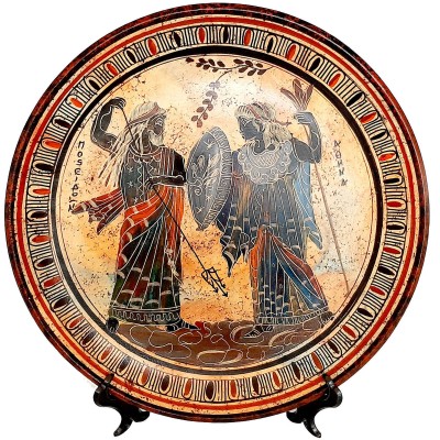 Greek Ceramics Plate 28cmMulticolored,God Poseidon with Goddess Athena