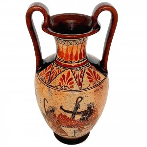 Multicoloured Greek Pottery Amphora Vase 30cm,Oedipus and Sphinx