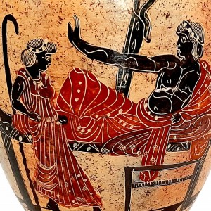 Multicoloured Greek Pottery Amphora Vase 30cm,Oedipus and Sphinx
