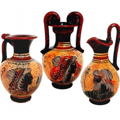 Set of 3 Ancient Greek Pottery vases 11,5cm,Showing Olympian Gods