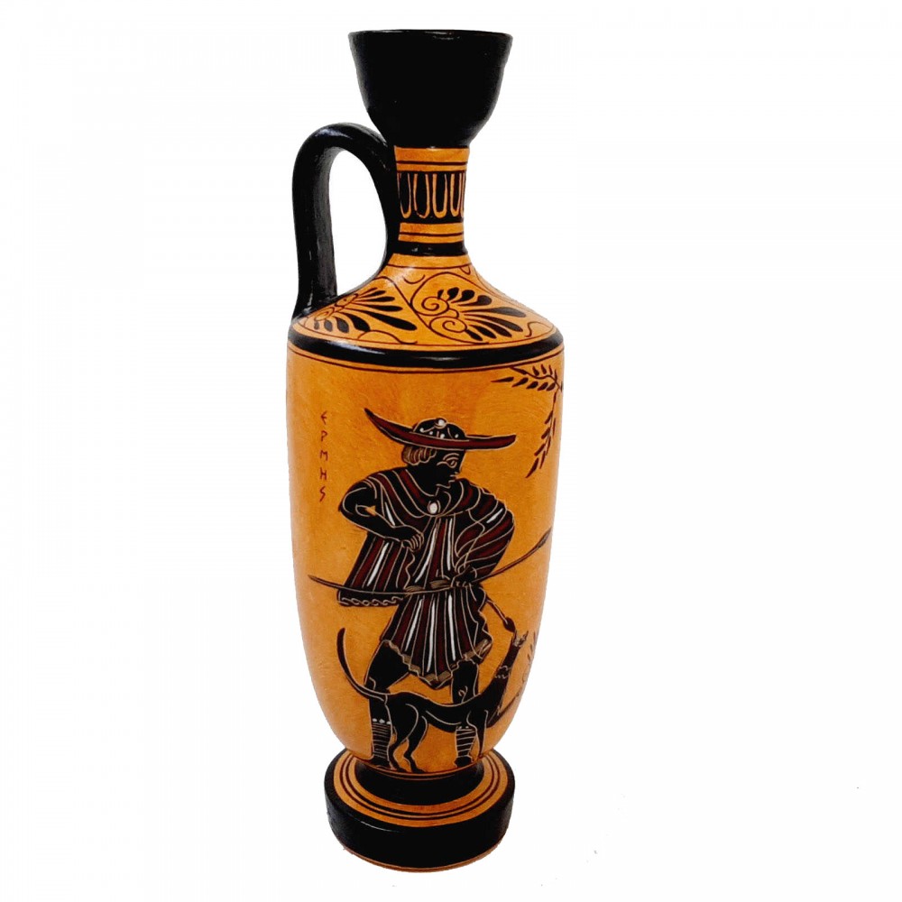 Black Figure Pottery Lekythos 26cm,God Hermes ,Goddess Athena