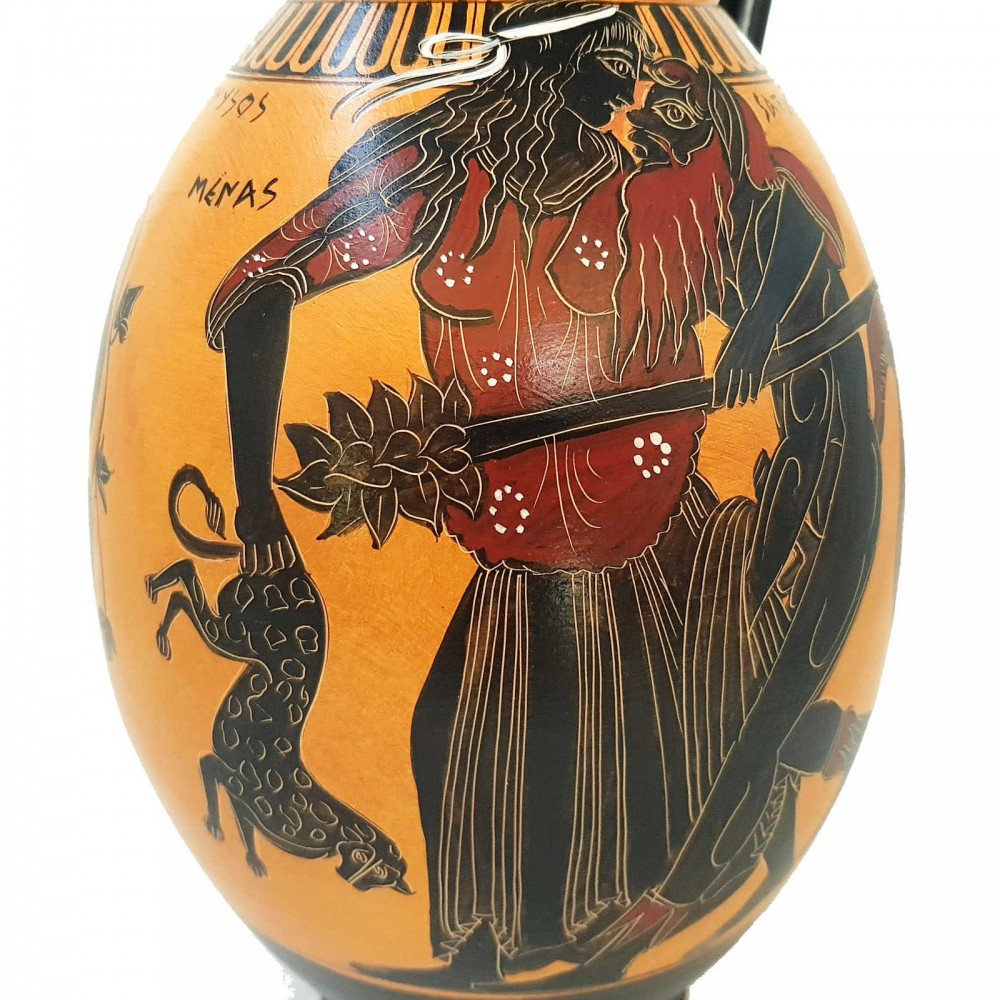 Black figure Pottery Vase 32cm,Satyr with Menas and God Dionysus