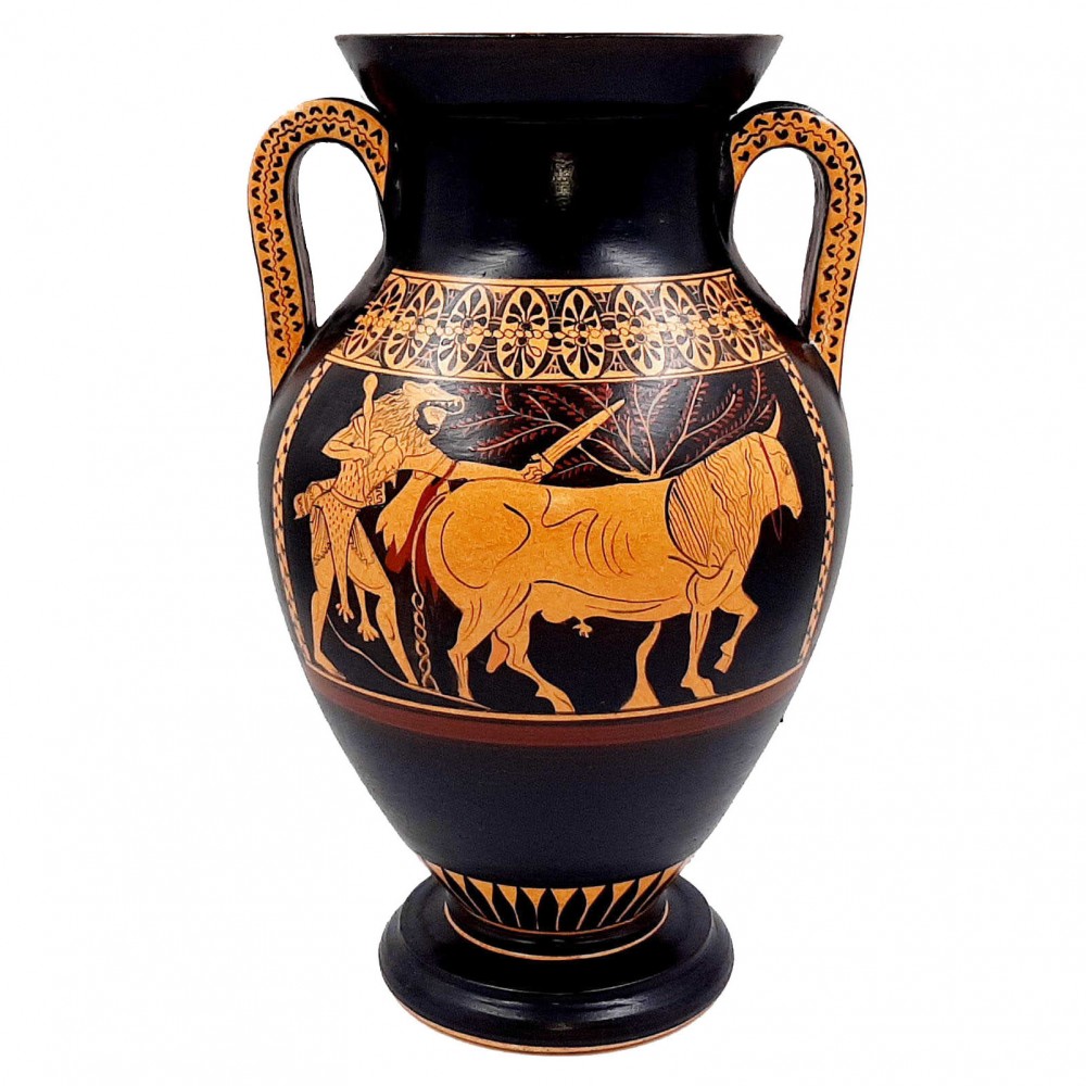  Αμφορέας 31cm,Δίγλωσσος ,Απεικονίζεται ο Ηρακλής που οδηγεί τον Ταύρο για θυσία
