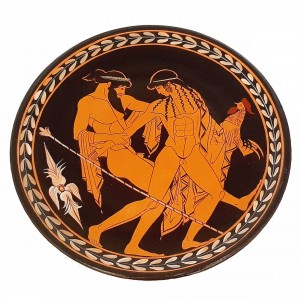 Ancient Greek Red figure Plate 23cm, God Zeus with Ganymedes