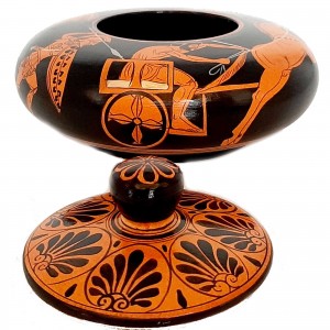 Greek Pyxis 14cm, Red Figure Pottery shows Chariot races