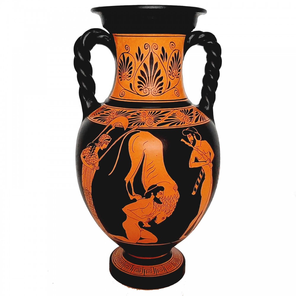 Red figure Pottery Vase 36cm,Hercules with Lion,God Hermes with Goddess Artemis